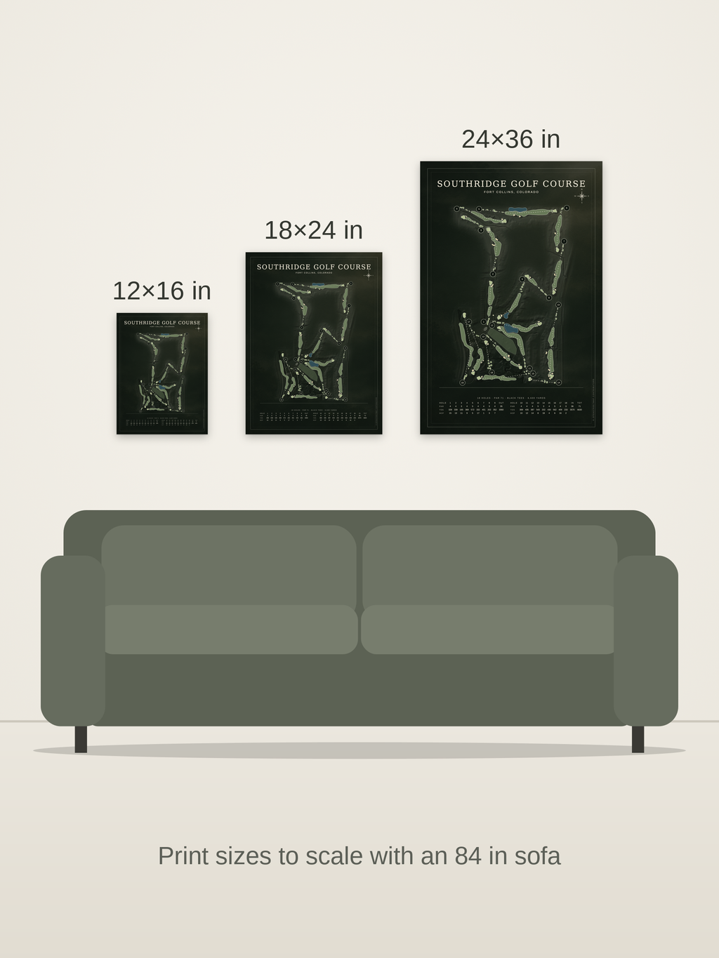 Southridge Golf Course map poster in the Architectural style at 12×16, 18×24 and 24×36 inches, shown to scale on a wall above an 84-inch sofa