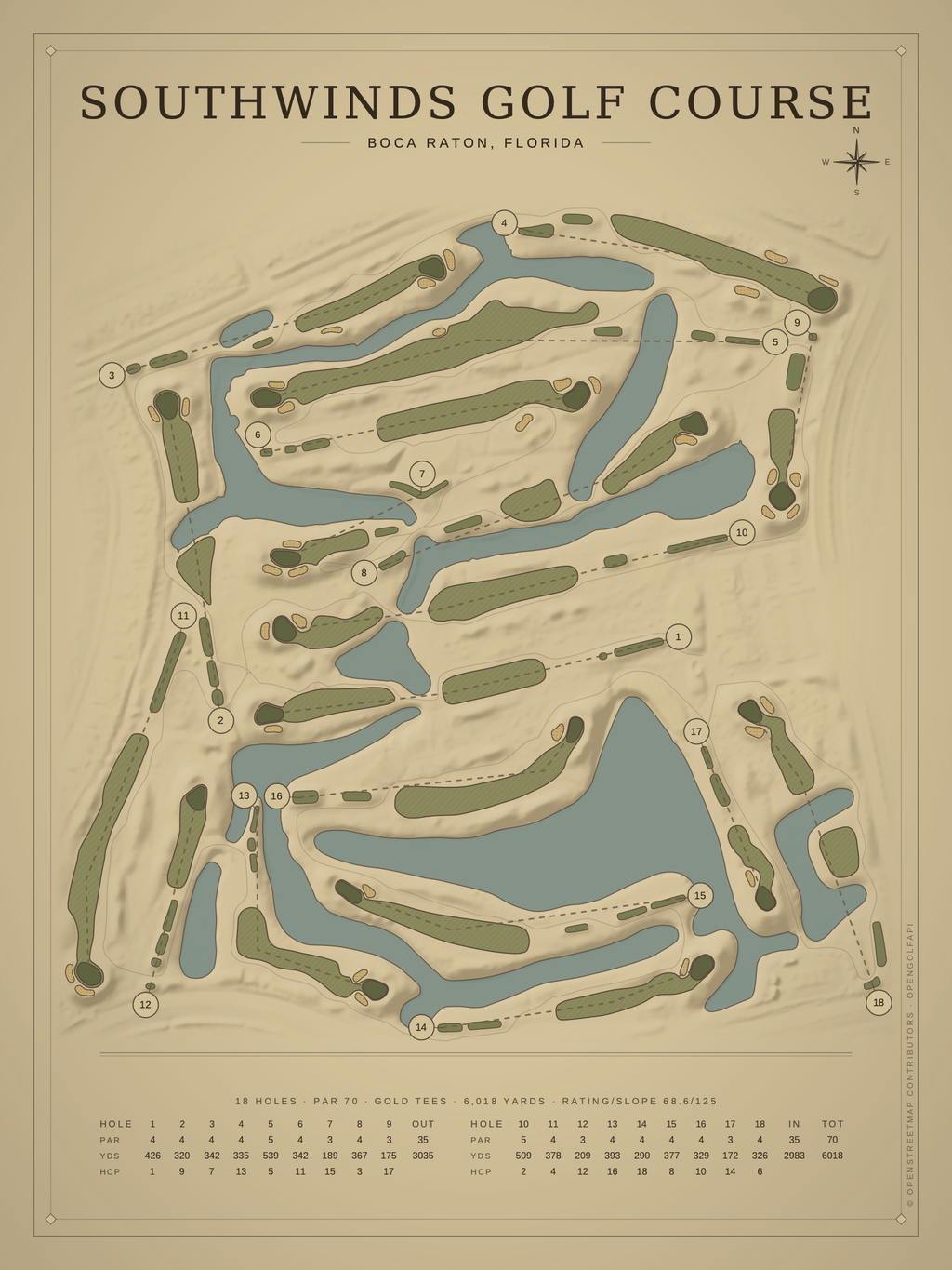 Southwinds Golf Course map poster, Vintage style, 12×16 / 18×24