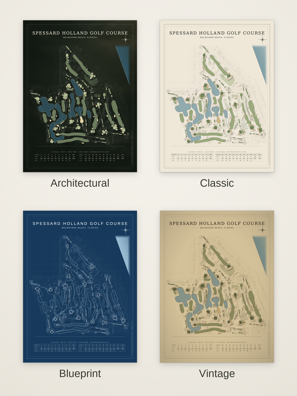 Spessard Holland Golf Course map poster in four styles: Architectural, Classic, Blueprint and Vintage