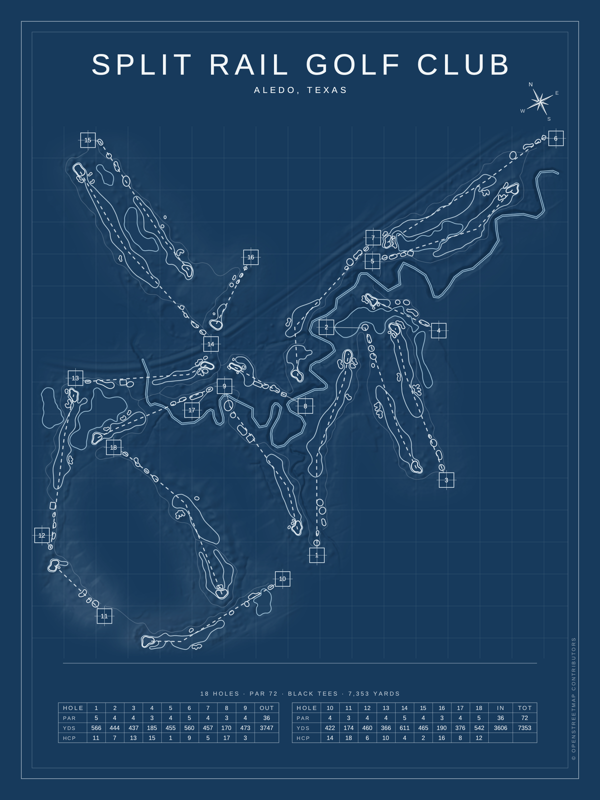 Split Rail Golf Club course map poster, Blueprint style, 12×16 / 18×24