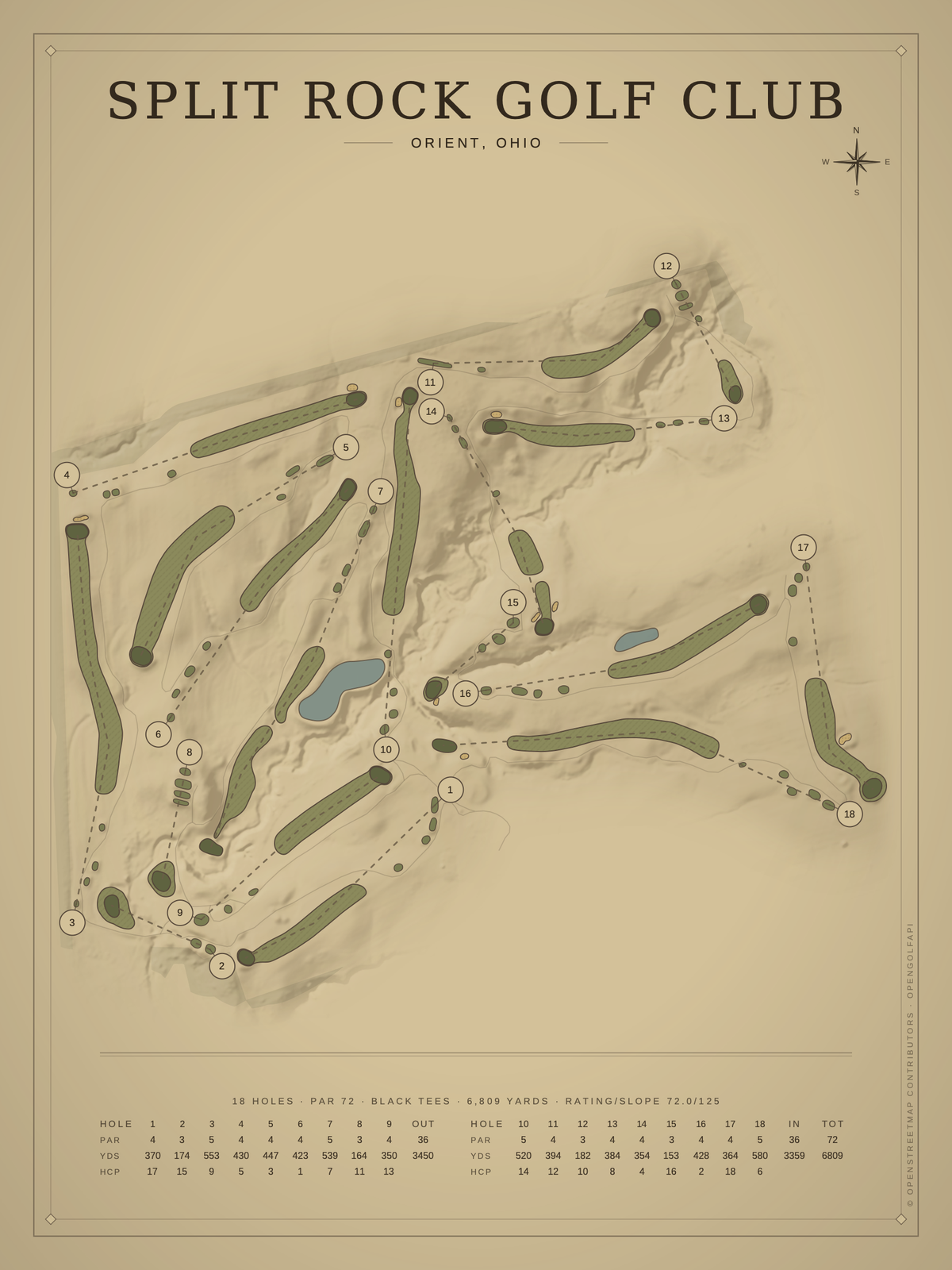 Split Rock Golf Club course map poster, Vintage style, 12×16 / 18×24