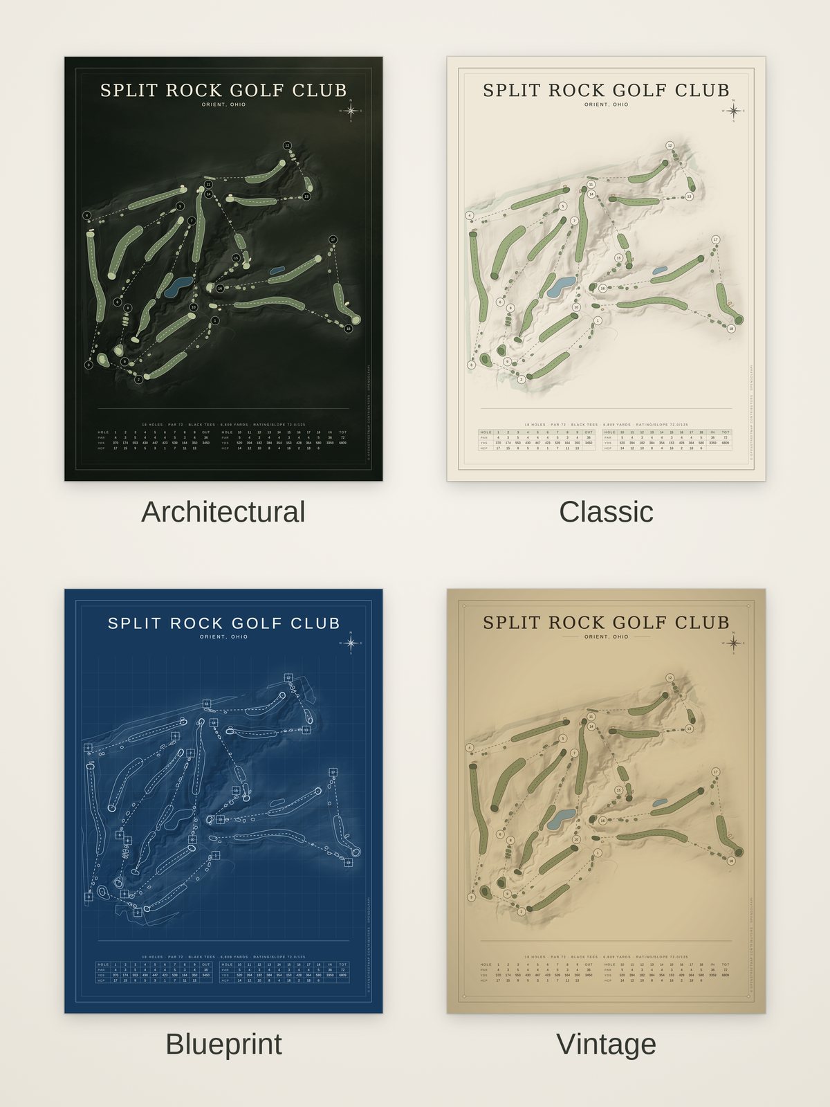 Split Rock Golf Club course map poster in four styles: Architectural, Classic, Blueprint and Vintage