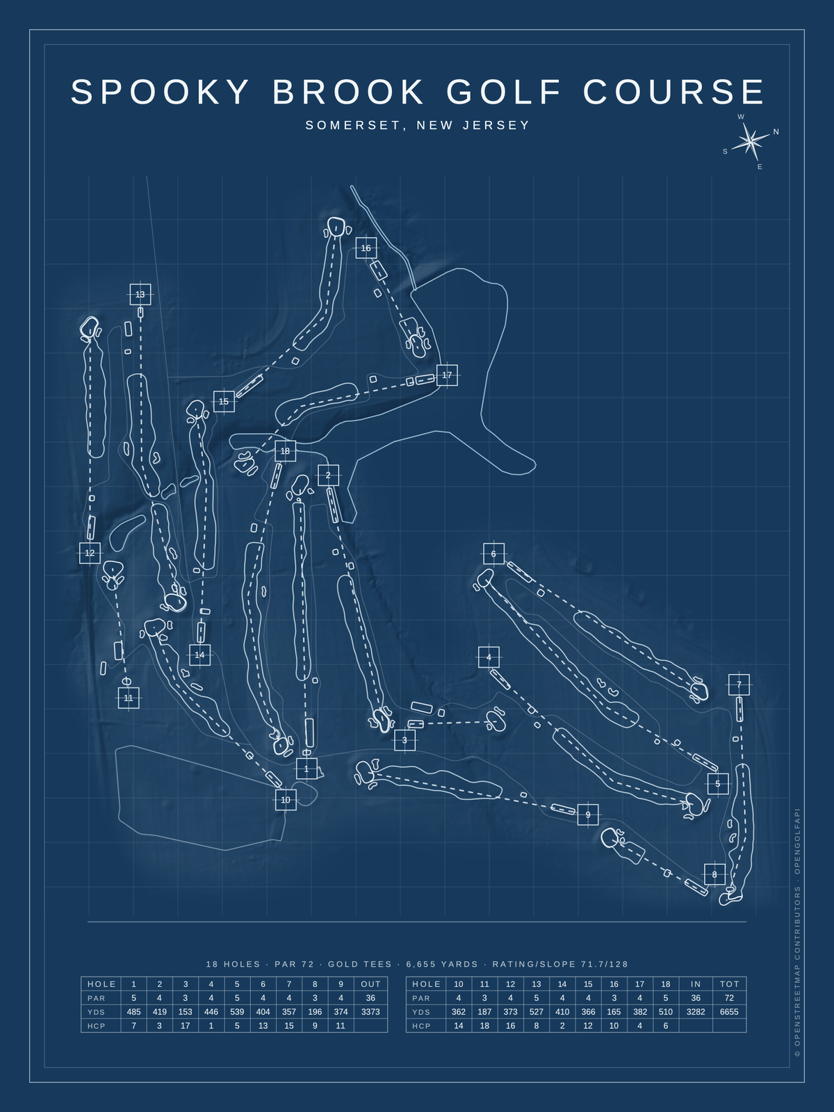 Spooky Brook Golf Course map poster, Blueprint style, 12×16 / 18×24