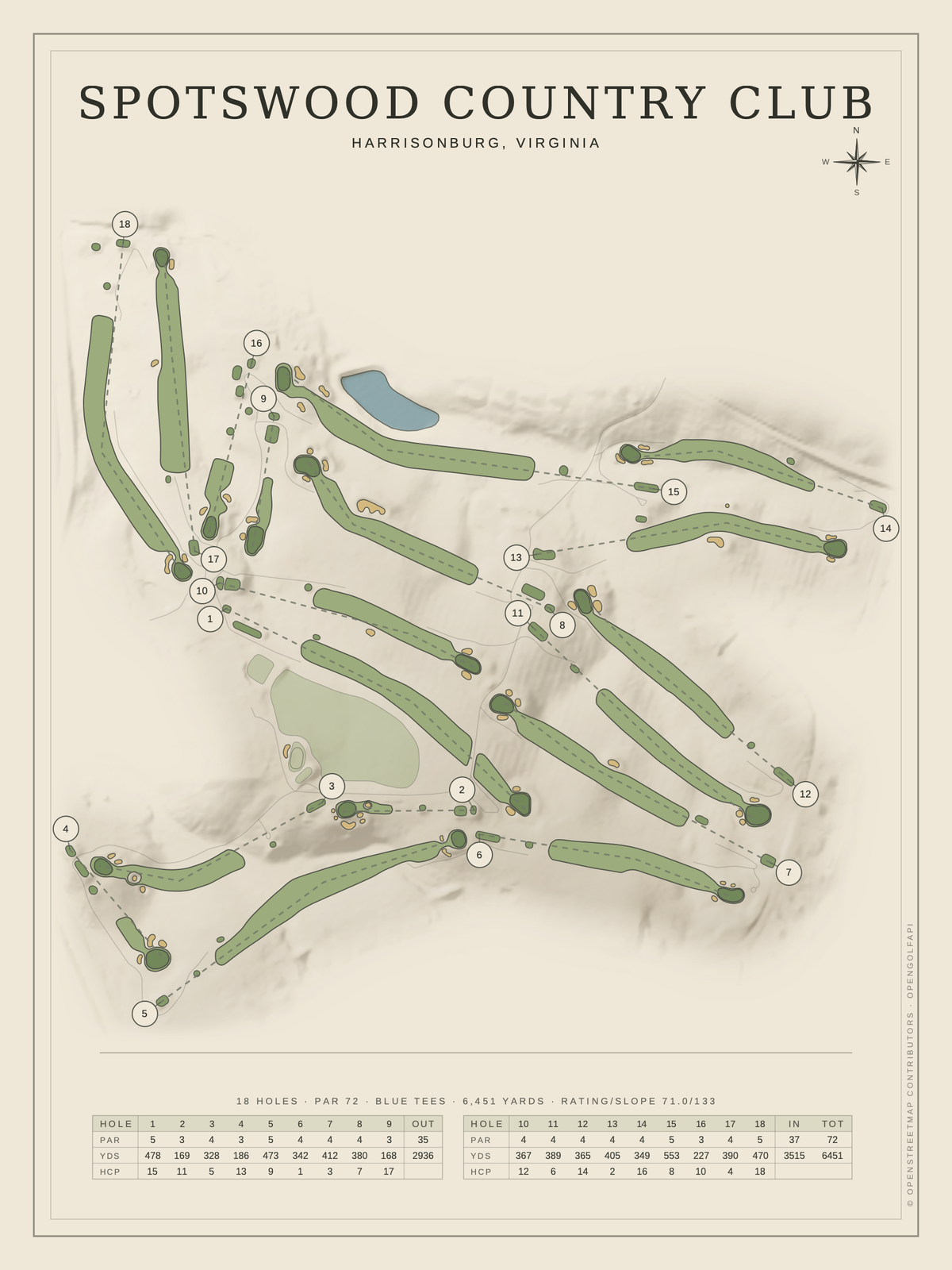 Spotswood Country Club course map poster, Classic style, 12×16 / 18×24