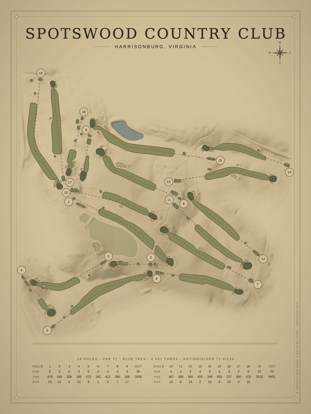 Spotswood Country Club course map poster, Vintage style, 12×16 / 18×24