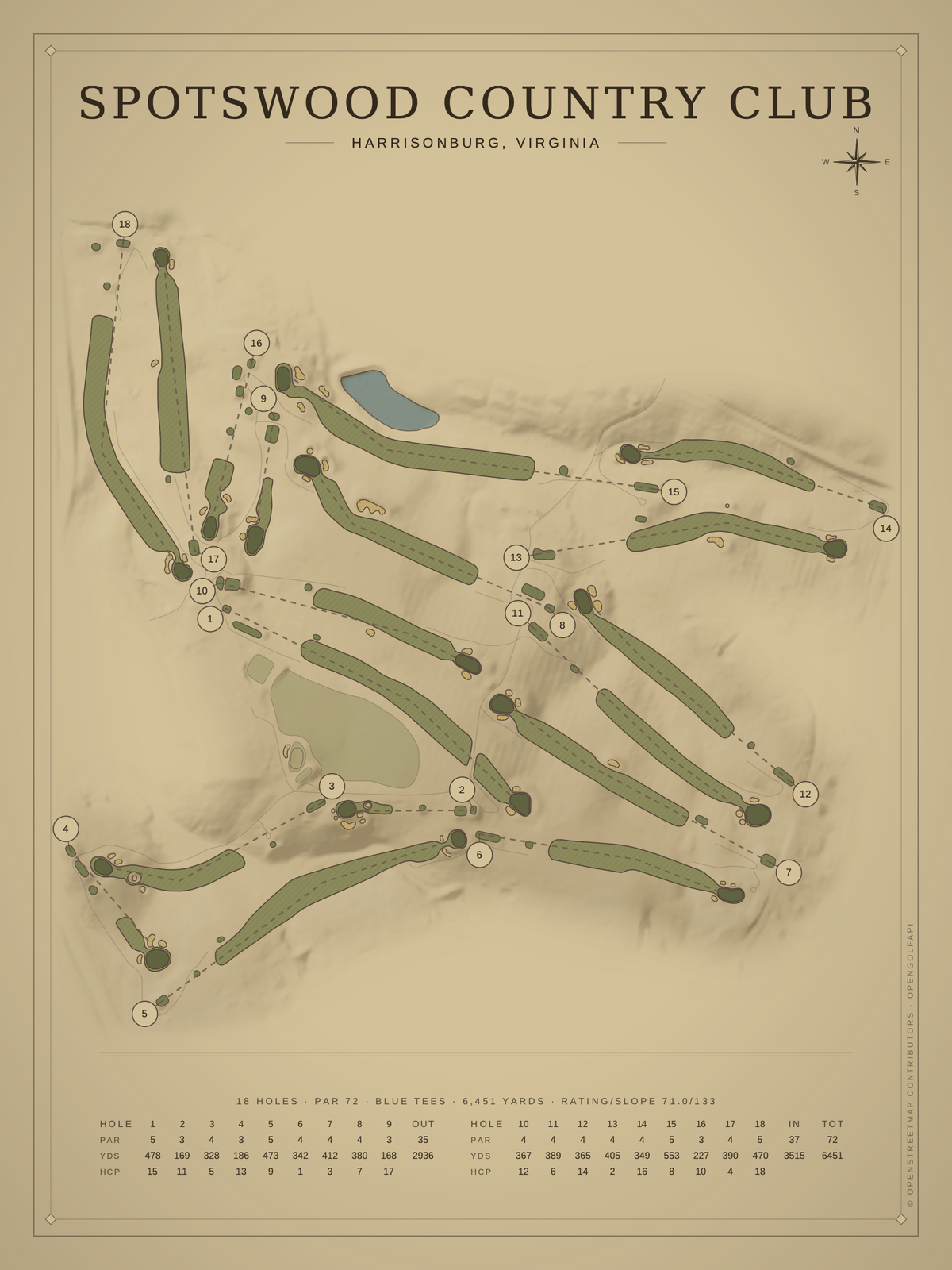 Spotswood Country Club course map poster, Vintage style, 12×16 / 18×24