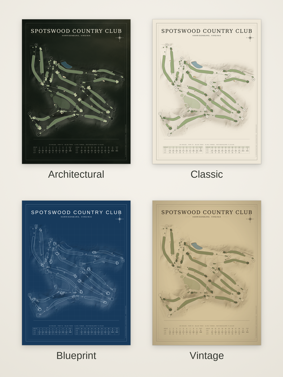 Spotswood Country Club course map poster in four styles: Architectural, Classic, Blueprint and Vintage