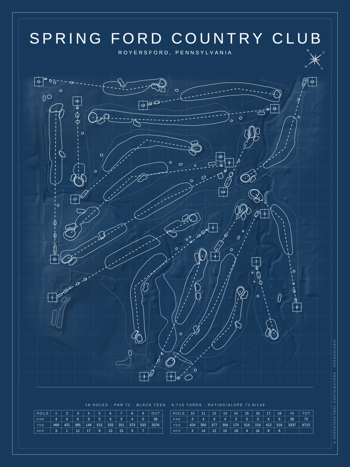 Spring Ford Country Club course map poster, Blueprint style, 12×16 / 18×24