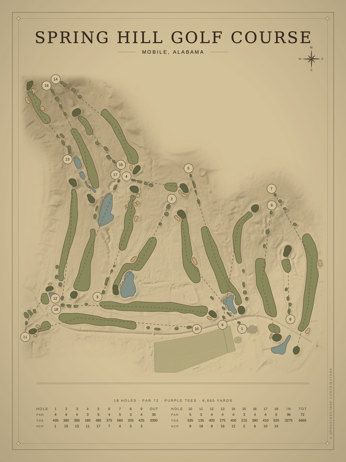 Spring Hill Golf Course map poster, Vintage style, 12×16 / 18×24