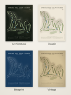 Spring Hill Golf Course map poster in four styles: Architectural, Classic, Blueprint and Vintage