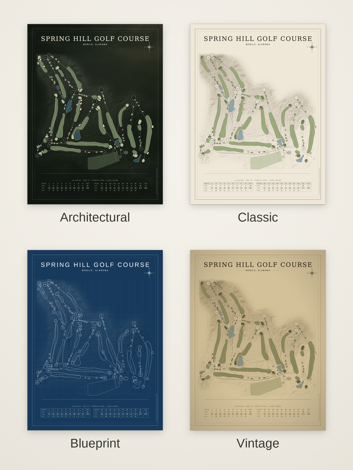 Spring Hill Golf Course map poster in four styles: Architectural, Classic, Blueprint and Vintage