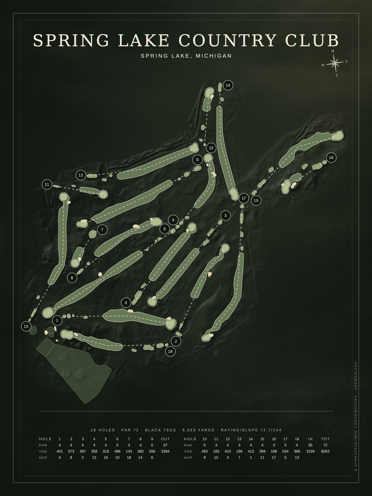 Spring Lake Country Club course map poster, Architectural style, 12×16 / 18×24