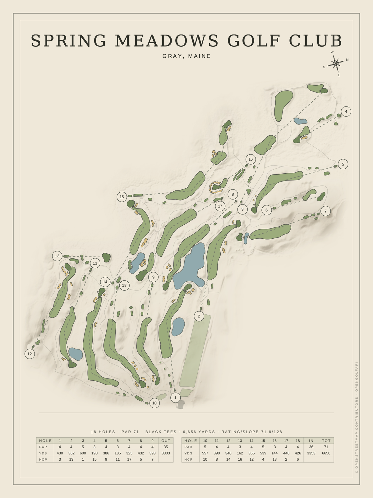 Spring Meadows Golf Club course map poster, Classic style, 12×16 / 18×24