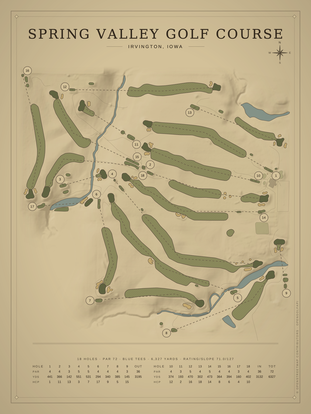 Spring Valley Golf Course map poster, Vintage style, 12×16 / 18×24