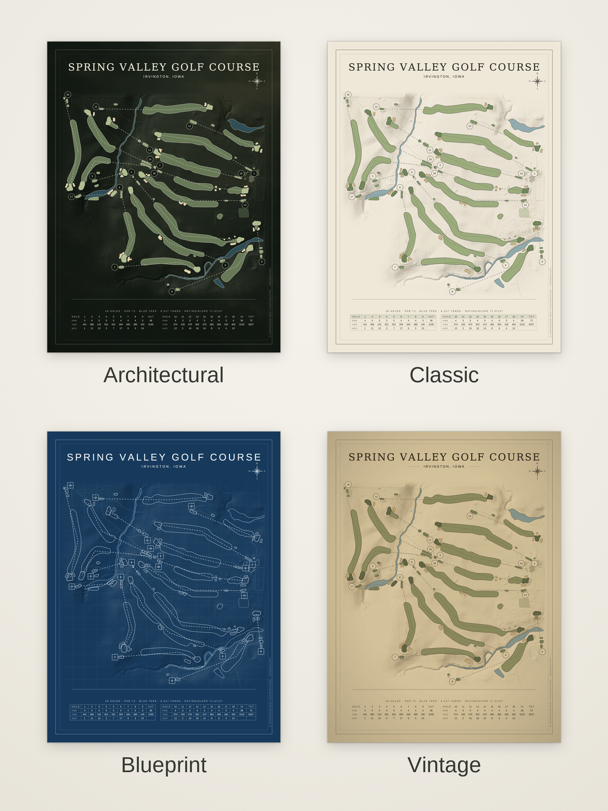 Spring Valley Golf Course map poster in four styles: Architectural, Classic, Blueprint and Vintage
