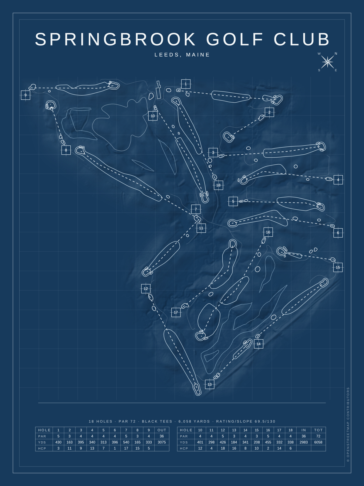 Springbrook Golf Club course map poster, Blueprint style, 12×16 / 18×24