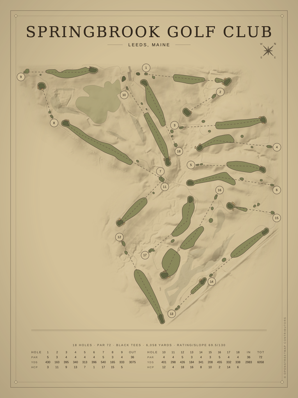 Springbrook Golf Club course map poster, Vintage style, 12×16 / 18×24