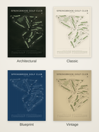 Springbrook Golf Club course map poster in four styles: Architectural, Classic, Blueprint and Vintage