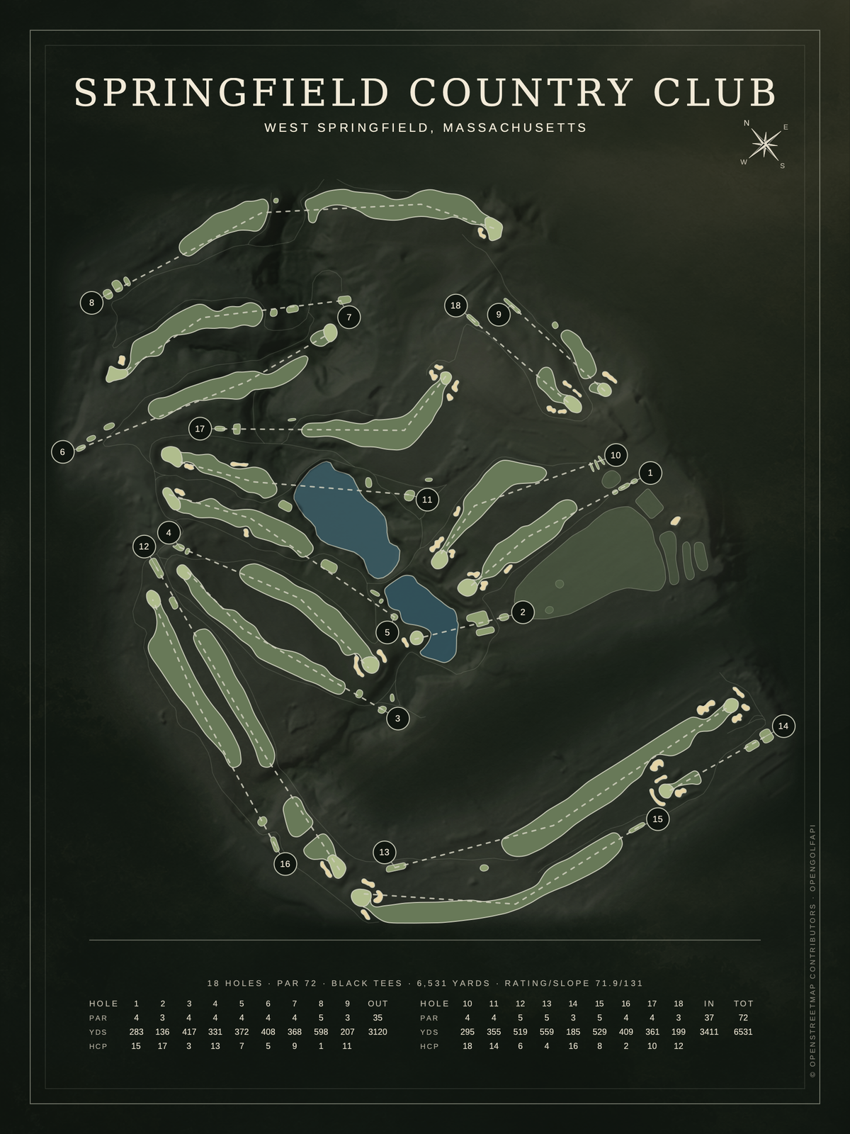 Springfield Country Club course map poster, Architectural style, 12×16 / 18×24