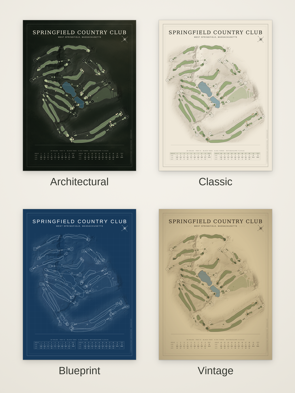 Springfield Country Club course map poster in four styles: Architectural, Classic, Blueprint and Vintage