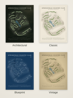 Springfield Country Club course map poster in four styles: Architectural, Classic, Blueprint and Vintage