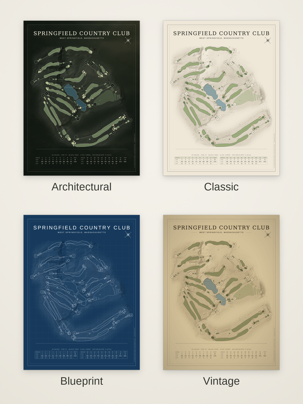 Springfield Country Club course map poster in four styles: Architectural, Classic, Blueprint and Vintage