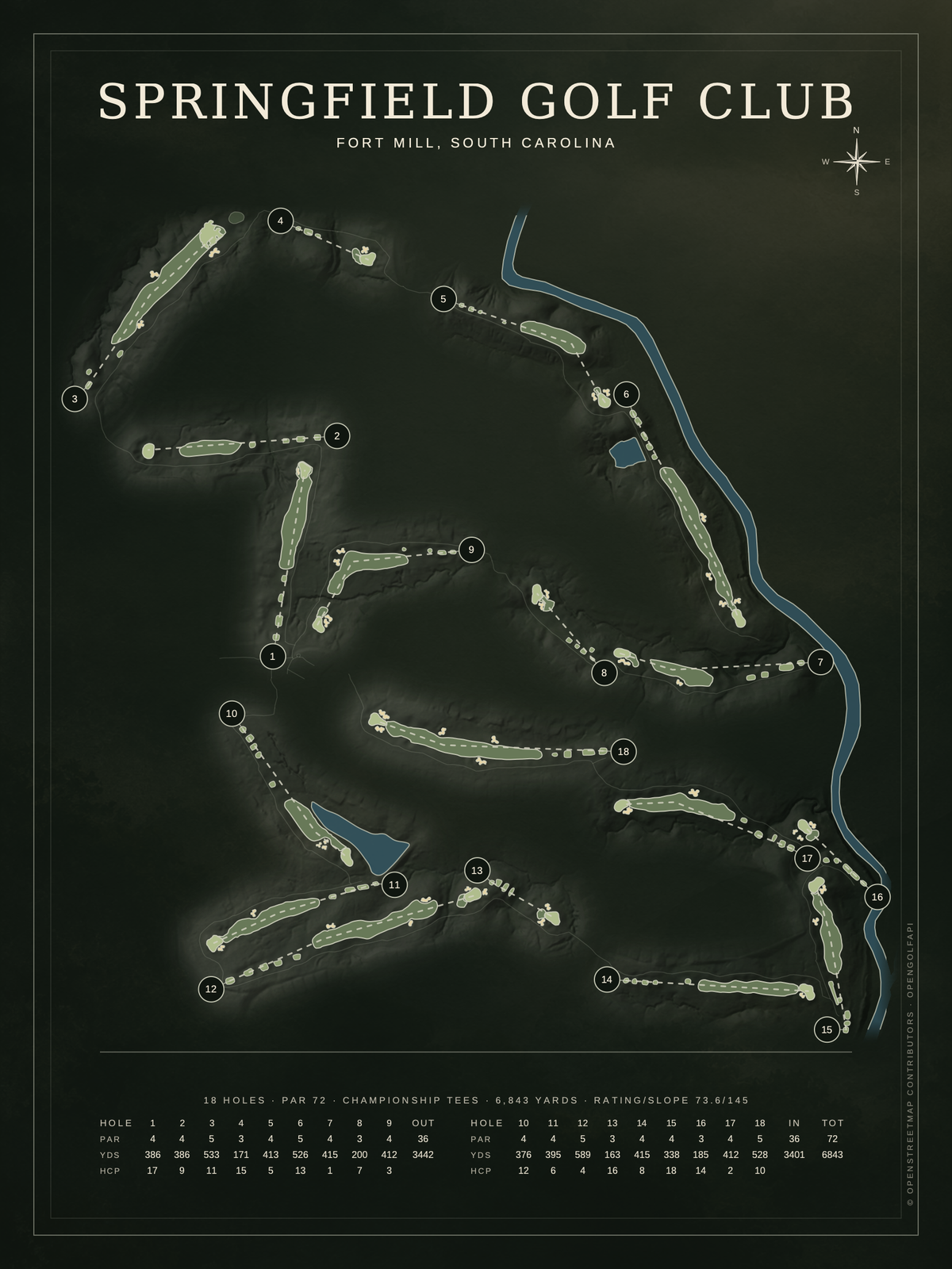 Springfield Golf Club course map poster, Architectural style, 12×16 / 18×24