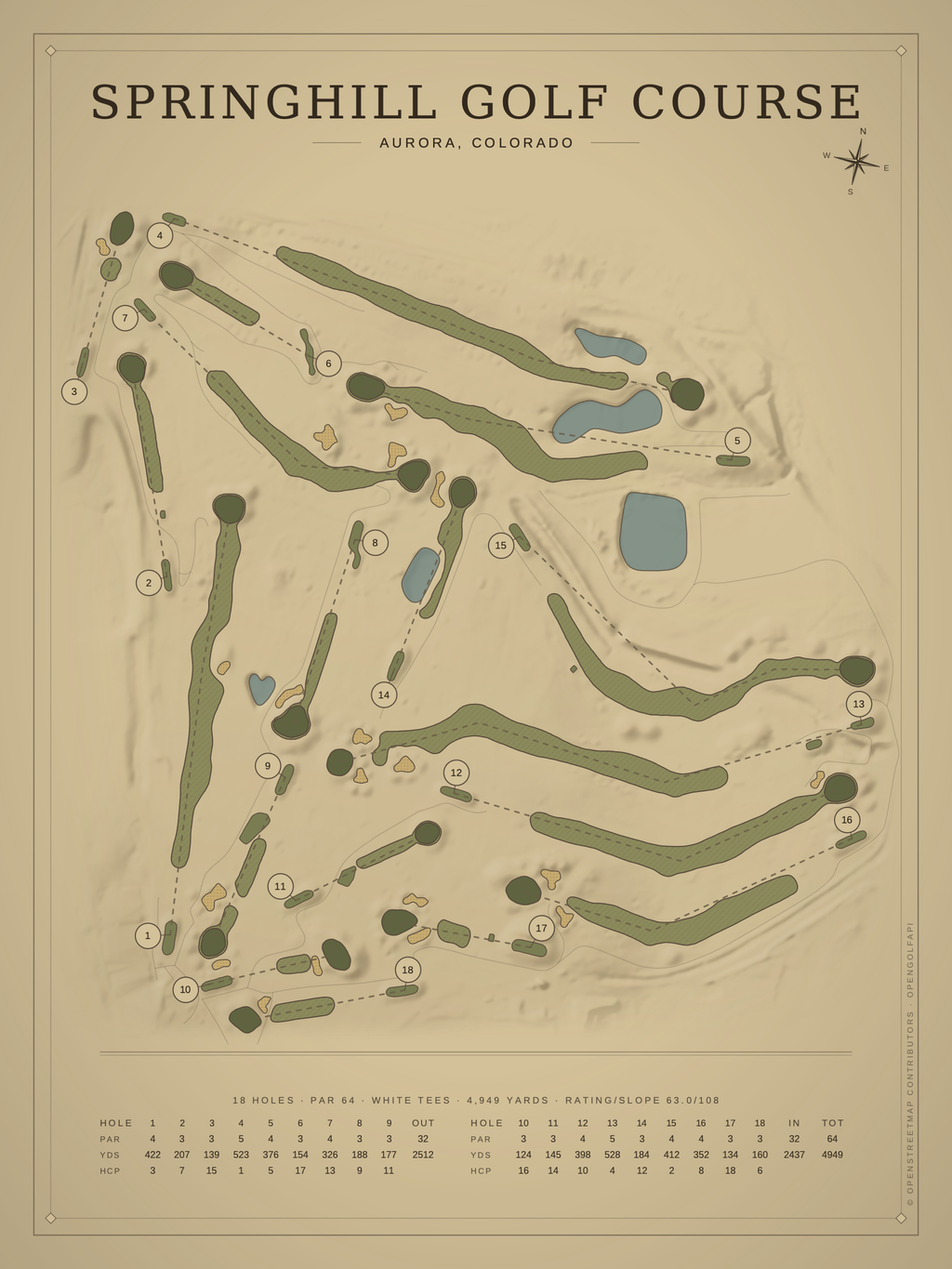Springhill Golf Course map poster, Vintage style, 12×16 / 18×24