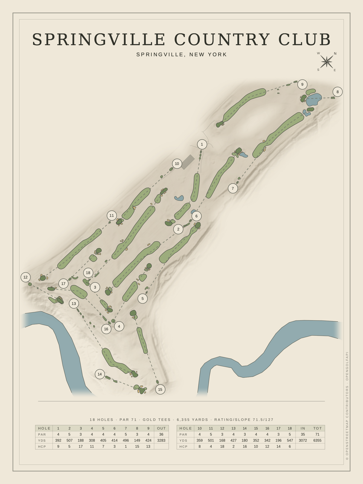 Springville Country Club course map poster, Classic style, 12×16 / 18×24