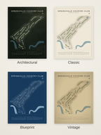 Springville Country Club course map poster in four styles: Architectural, Classic, Blueprint and Vintage