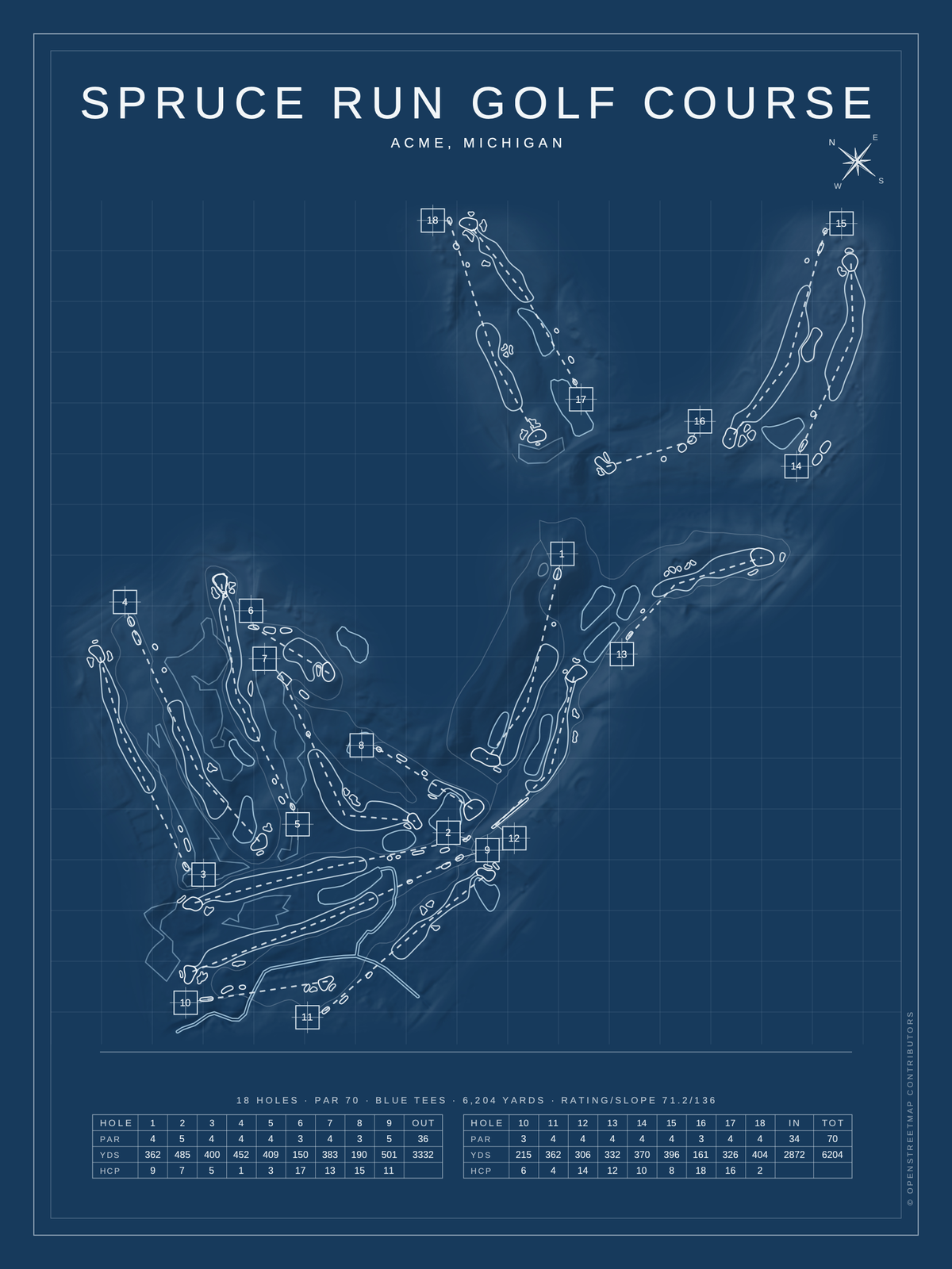 Spruce Run Golf Course map poster, Blueprint style, 12×16 / 18×24