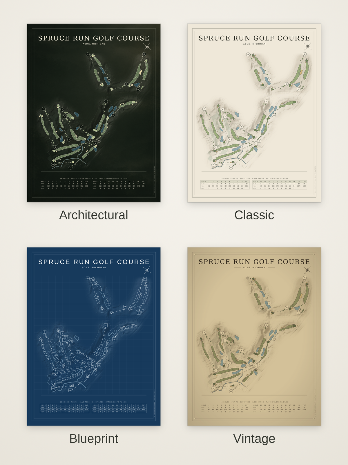 Spruce Run Golf Course map poster in four styles: Architectural, Classic, Blueprint and Vintage