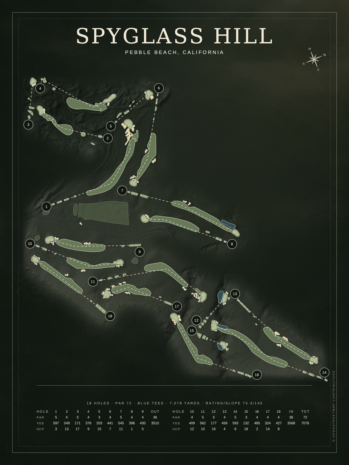 Spyglass Hill course map poster, Architectural style, 12×16 / 18×24