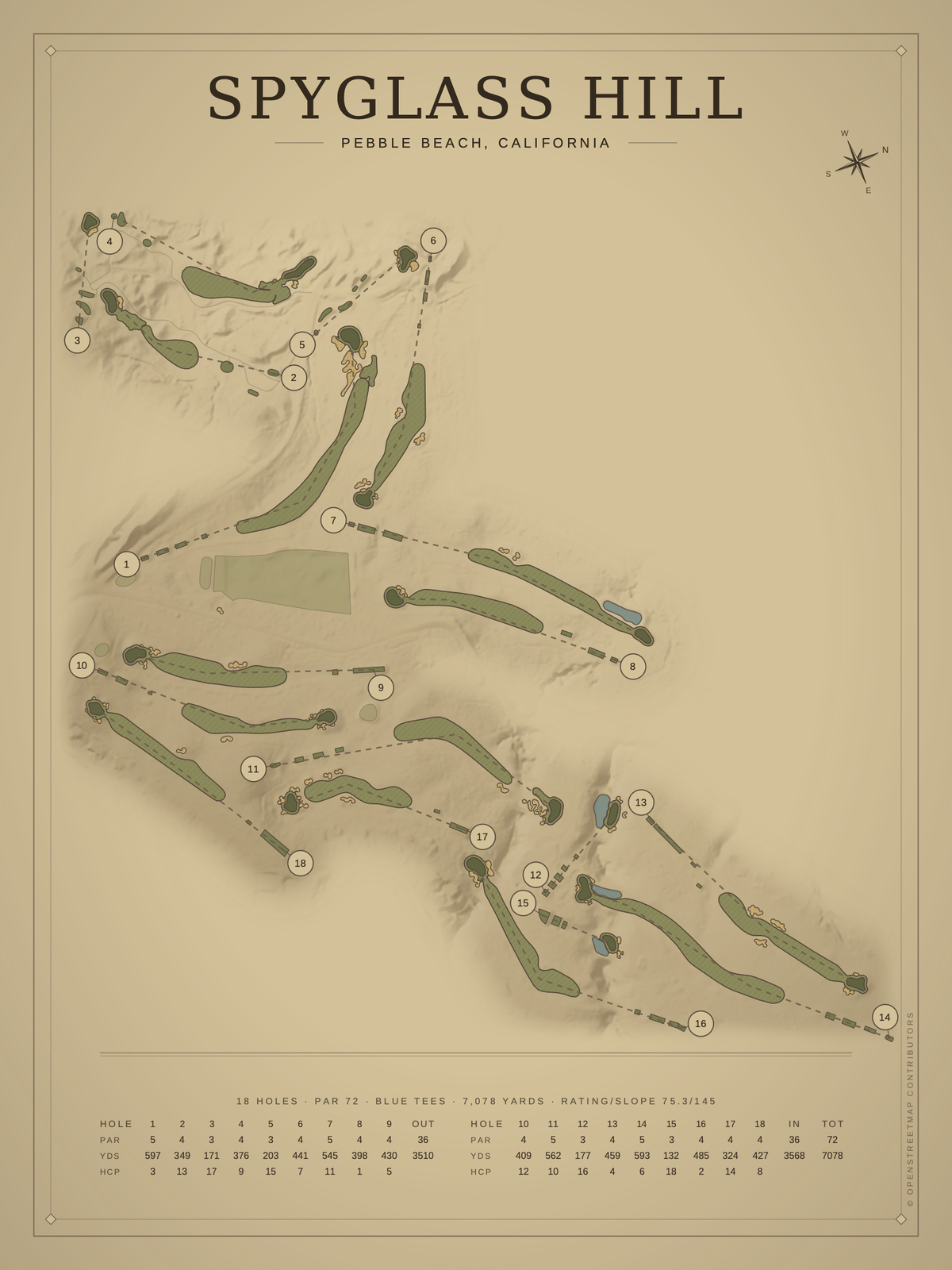 Spyglass Hill course map poster, Vintage style, 12×16 / 18×24