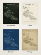 Spyglass Hill course map poster in four styles: Architectural, Classic, Blueprint and Vintage