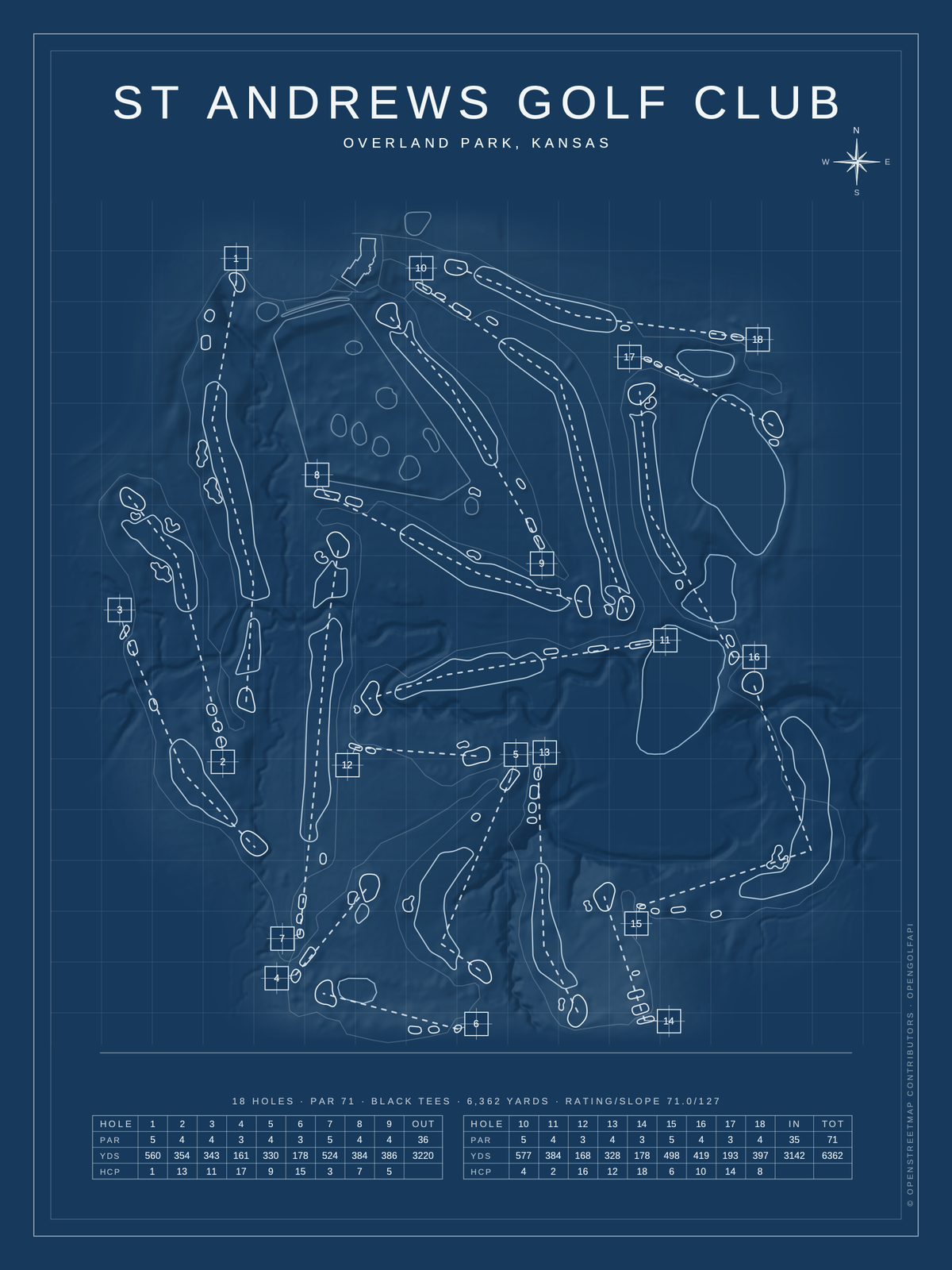 St Andrews Golf Club course map poster, Blueprint style, 12×16 / 18×24