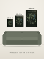 St Andrews Golf Club course map poster in the Architectural style at 12×16, 18×24 and 24×36 inches, shown to scale on a wall above an 84-inch sofa