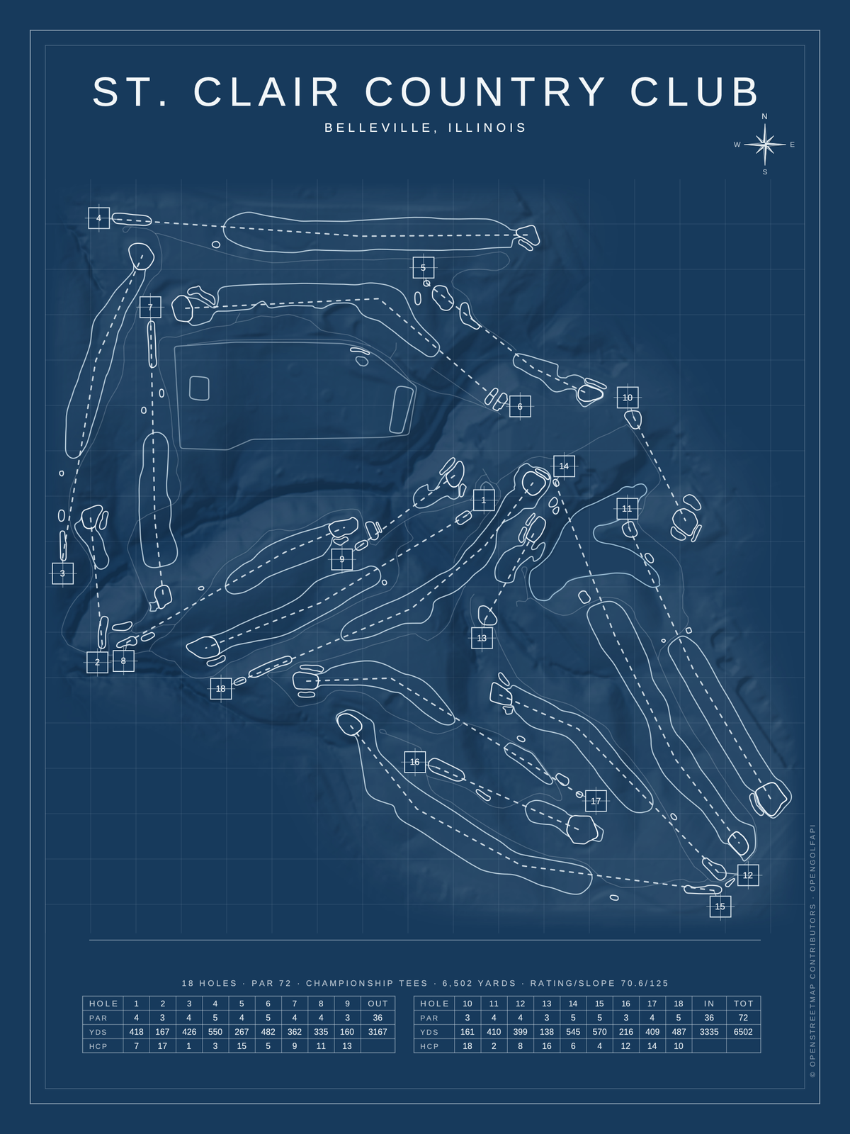 St. Clair Country Club course map poster, Blueprint style, 12×16 / 18×24