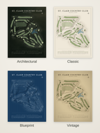 St. Clair Country Club course map poster in four styles: Architectural, Classic, Blueprint and Vintage