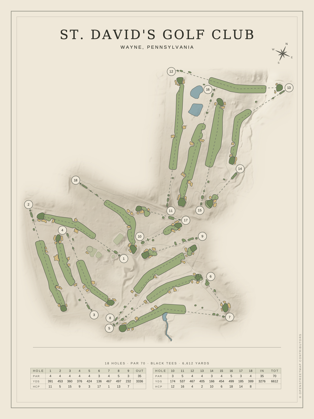 St. David's Golf Club course map poster, Classic style, 12×16 / 18×24