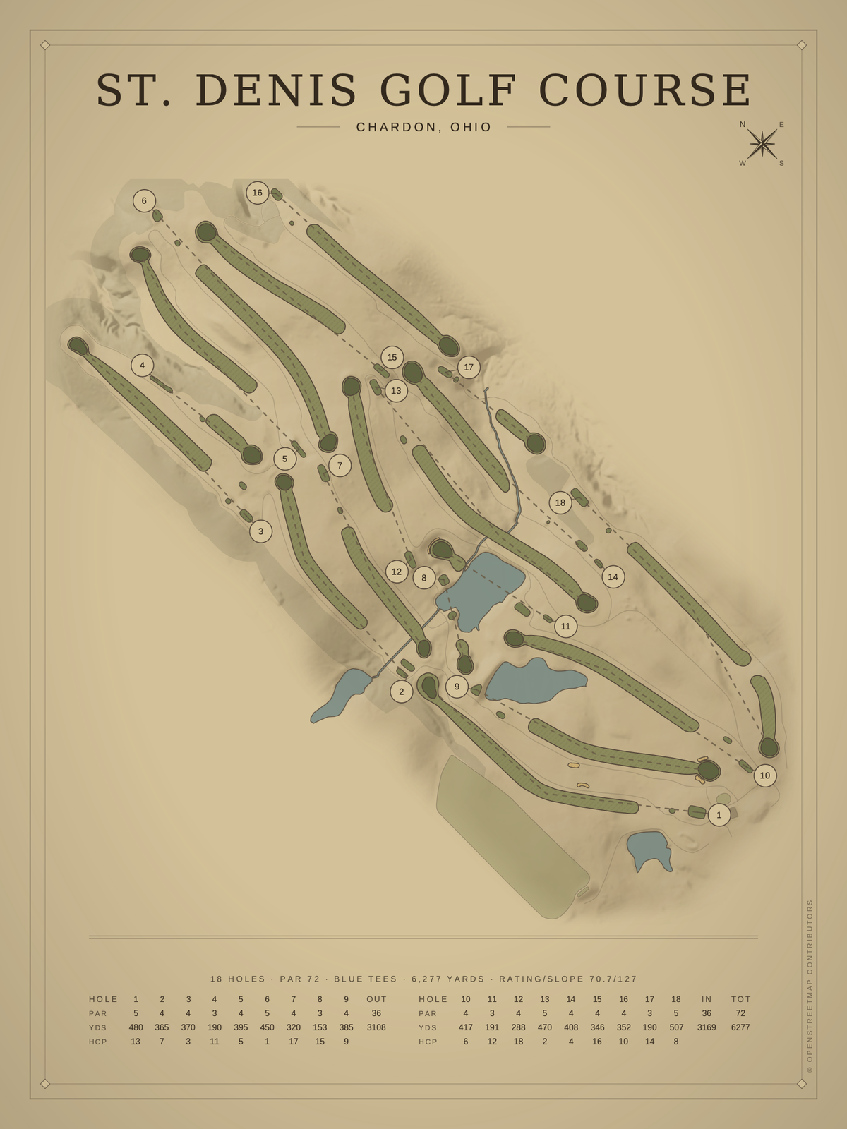 St. Denis Golf Course map poster, Vintage style, 12×16 / 18×24