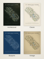 St. Denis Golf Course map poster in four styles: Architectural, Classic, Blueprint and Vintage