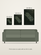 St. Denis Golf Course map poster in the Architectural style at 12×16, 18×24 and 24×36 inches, shown to scale on a wall above an 84-inch sofa