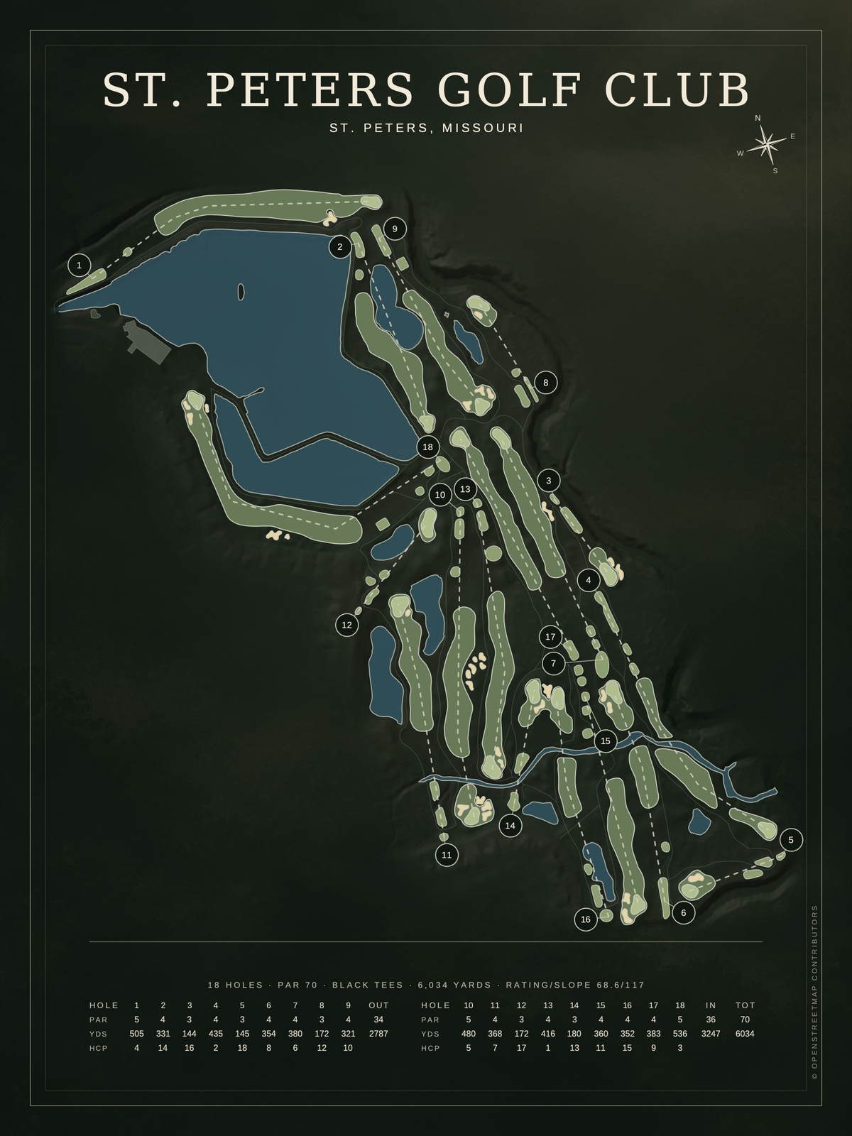St. Peters Golf Club course map poster, Architectural style, 12×16 / 18×24