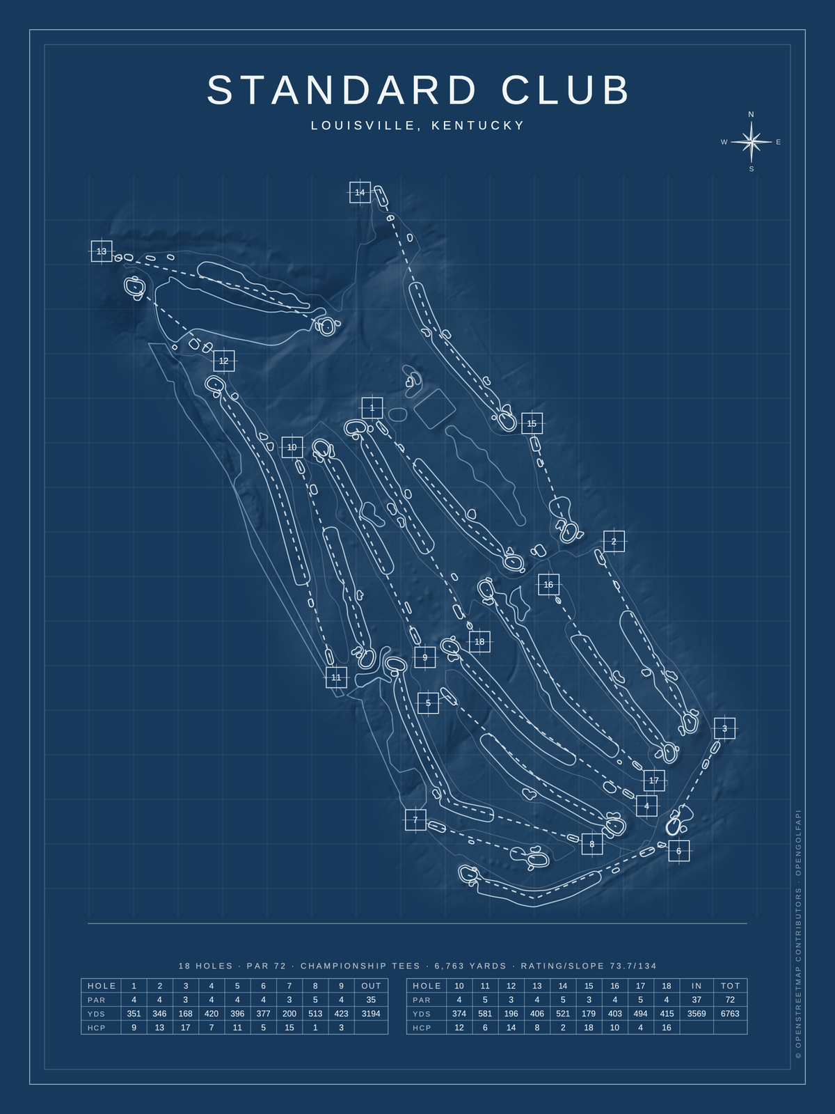 Standard Club course map poster, Blueprint style, 12×16 / 18×24