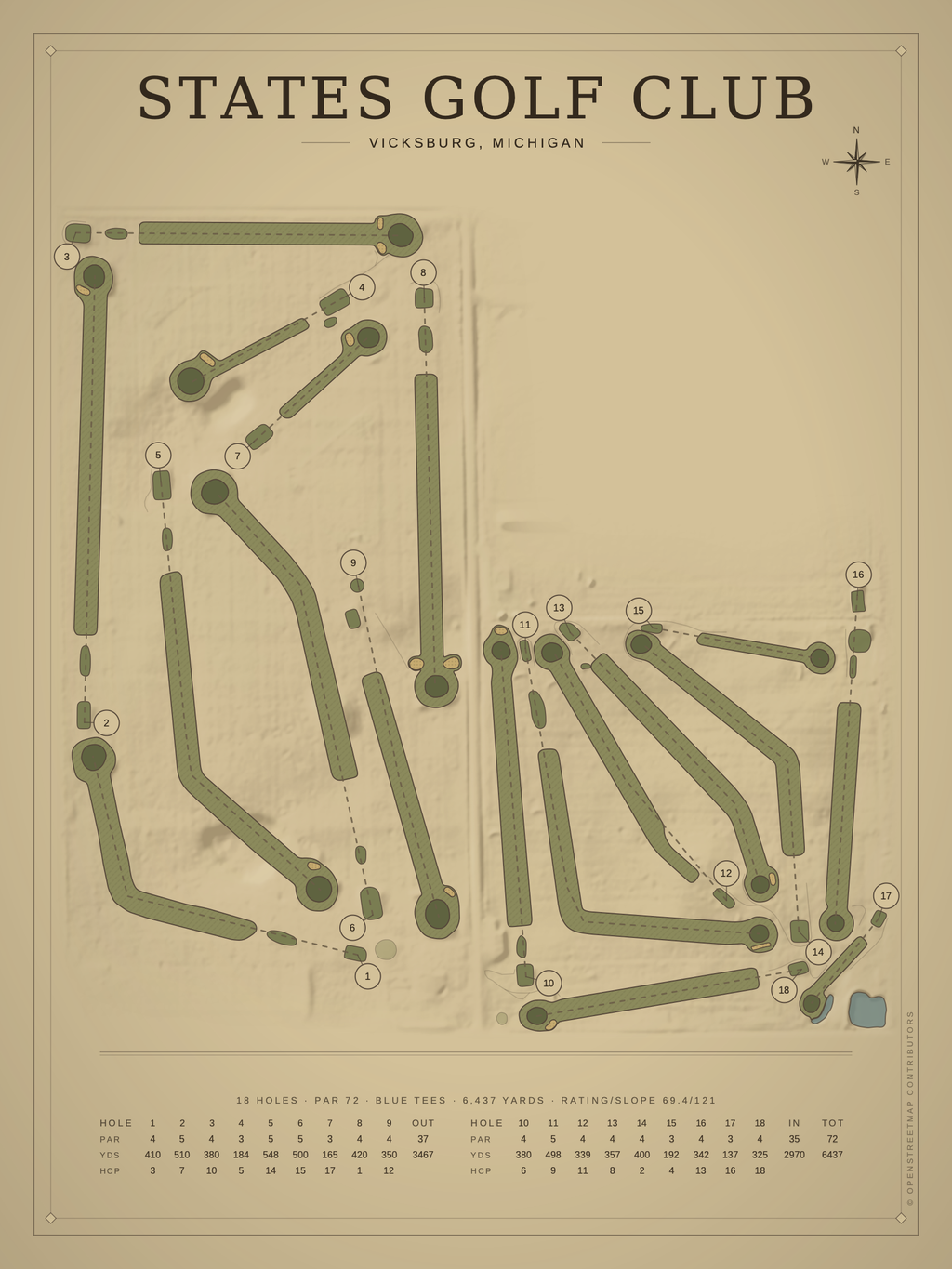States Golf Club course map poster, Vintage style, 12×16 / 18×24