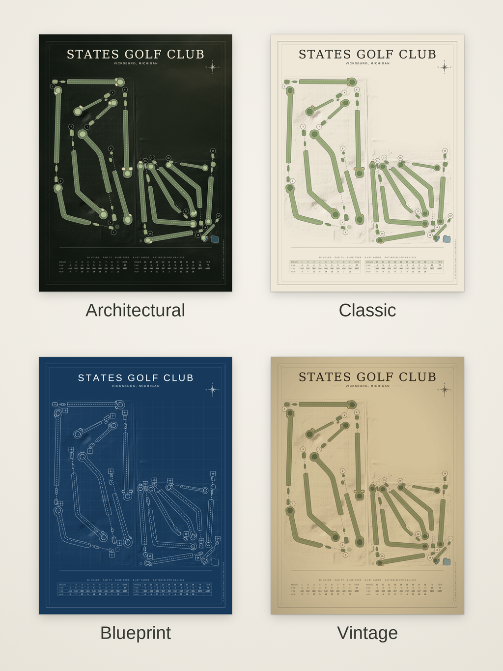 States Golf Club course map poster in four styles: Architectural, Classic, Blueprint and Vintage