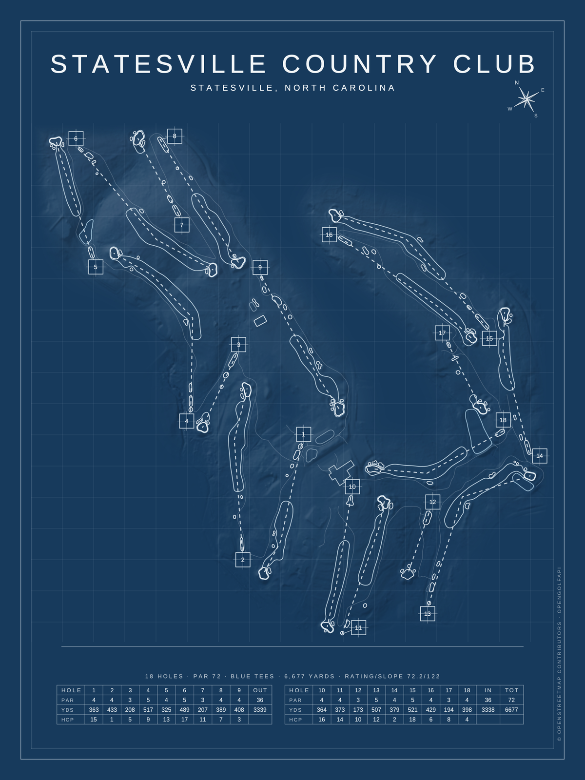 Statesville Country Club course map poster, Blueprint style, 12×16 / 18×24