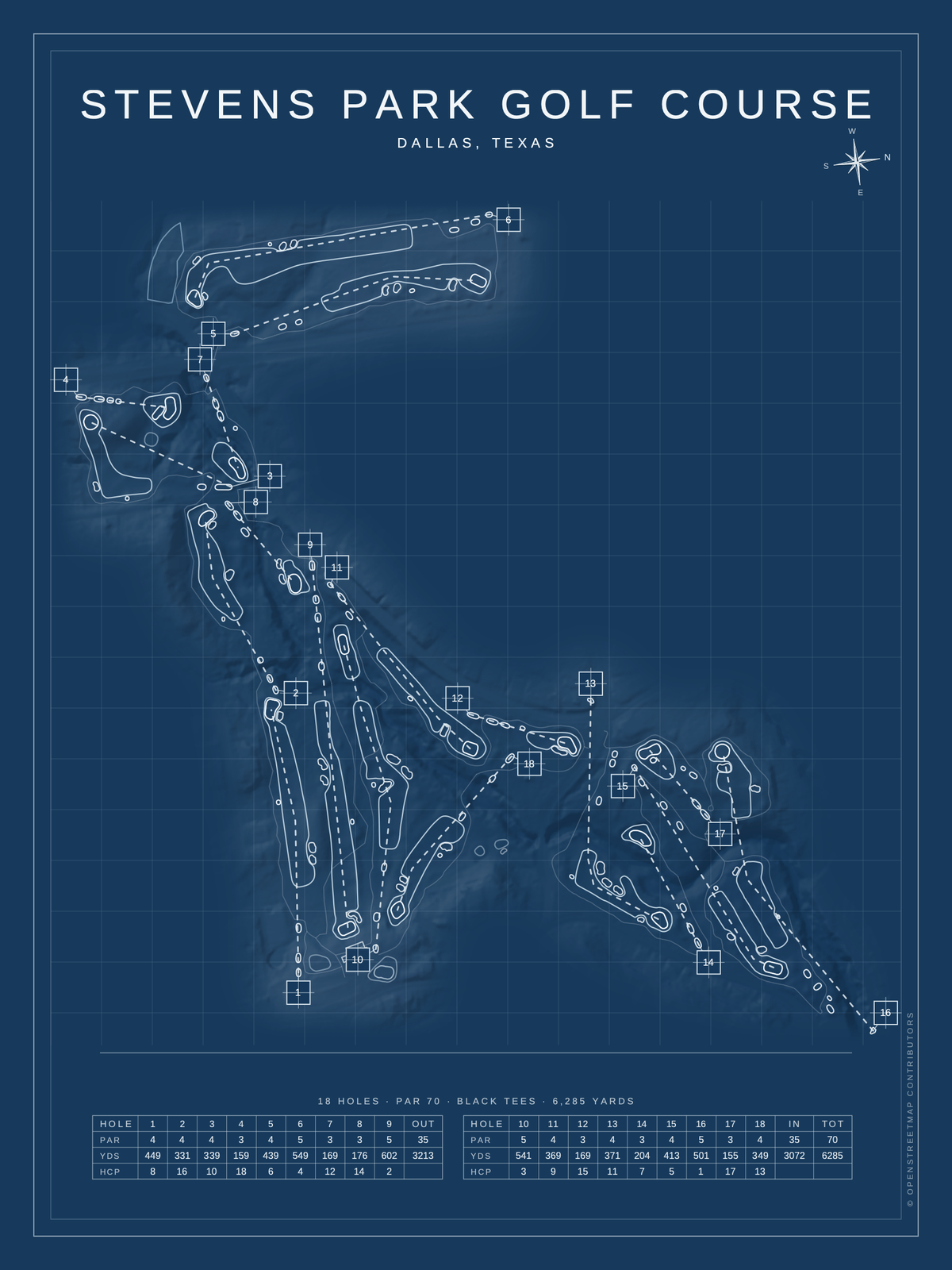 Stevens Park Golf Course map poster, Blueprint style, 12×16 / 18×24