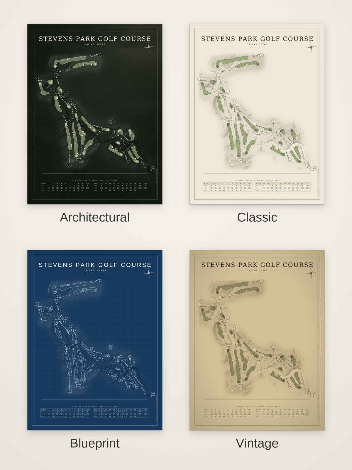 Stevens Park Golf Course map poster in four styles: Architectural, Classic, Blueprint and Vintage